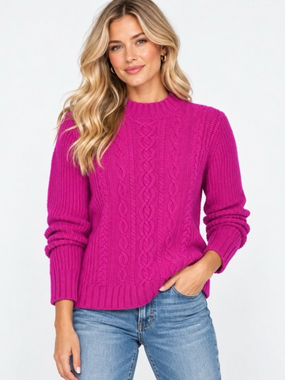 White + Warren Size Small Hot Pink Cashmere Cable Knit Mock Neck Sweater